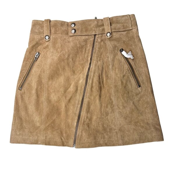 BlankNYC Tan Suede 100% Leather High Rise Moto Zip Detail Mini Skirt Size 25 NEW - Picture 1 of 7